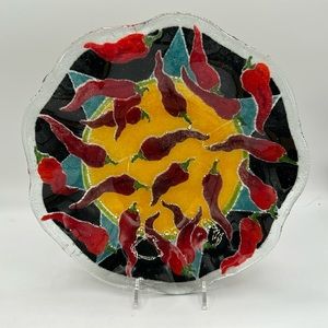Signed. Peggy Karr Fused Art Glass Southwest Red Chile Bowl 1980 circa